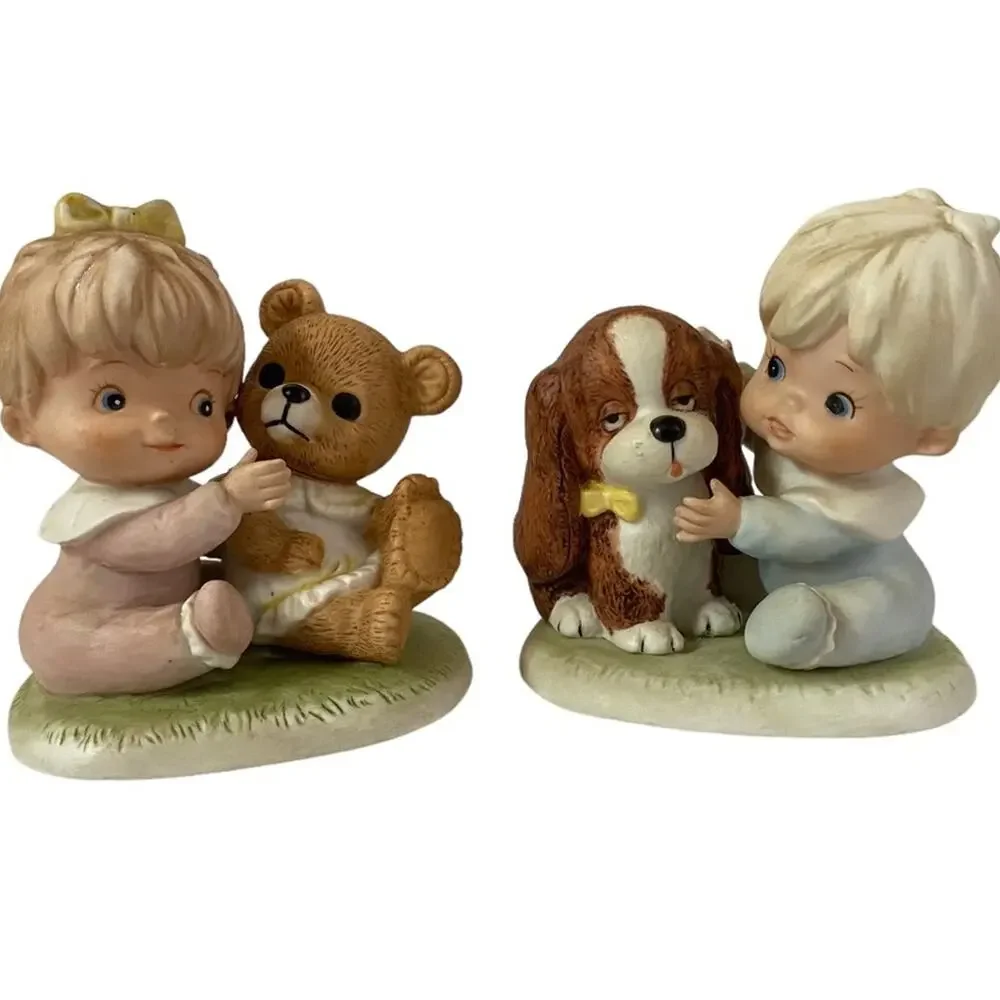 Vintage Homco Baby Figurines Girl with Bear Boy with Puppy Dog #1424 Set of 2